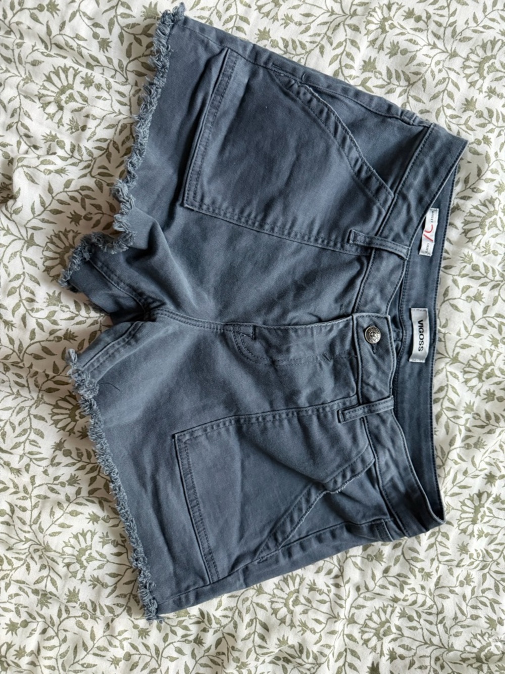 VIGOSS Slate Gray/Navy Blue Frayed Hem Women's Jean Shorts-So Soft
